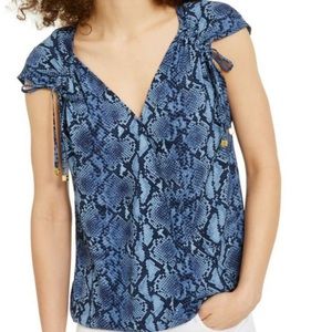 Michael Kors Blue Python Snake Print Surplice Wrap V Neck Cap Sleeve Blouse NEW